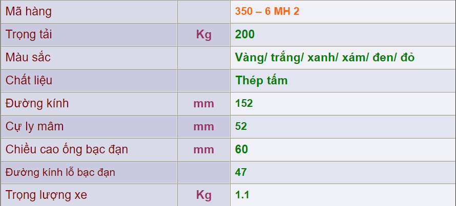 thông số kỹ thuật Mâm Sắt 350 – 6 MH 2