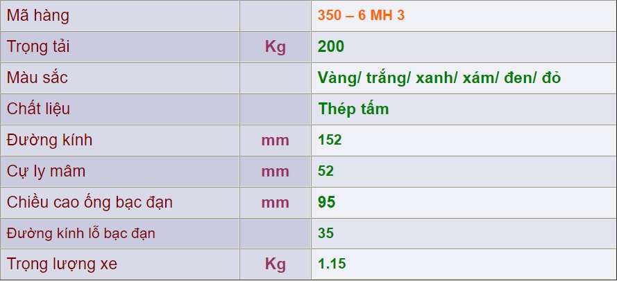 thông số kỹ thuật mâm sắt bánh xe 350-6 mh 3