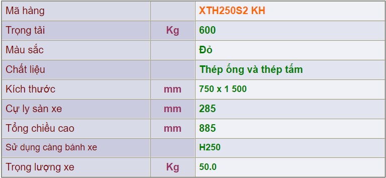 Thông số kỹ thuật xe đẩy 4 bánh xth250s2 kh