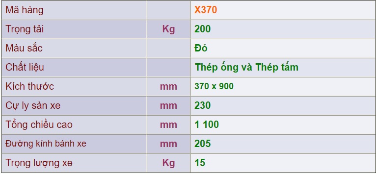 Thông số kỹ thuật xe đẩy 2 bánh x370